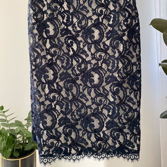 Tadashi Shoji One Shoulder Lace Sheath Dress Party Blue White, Size 6 - Picture 3 of 8